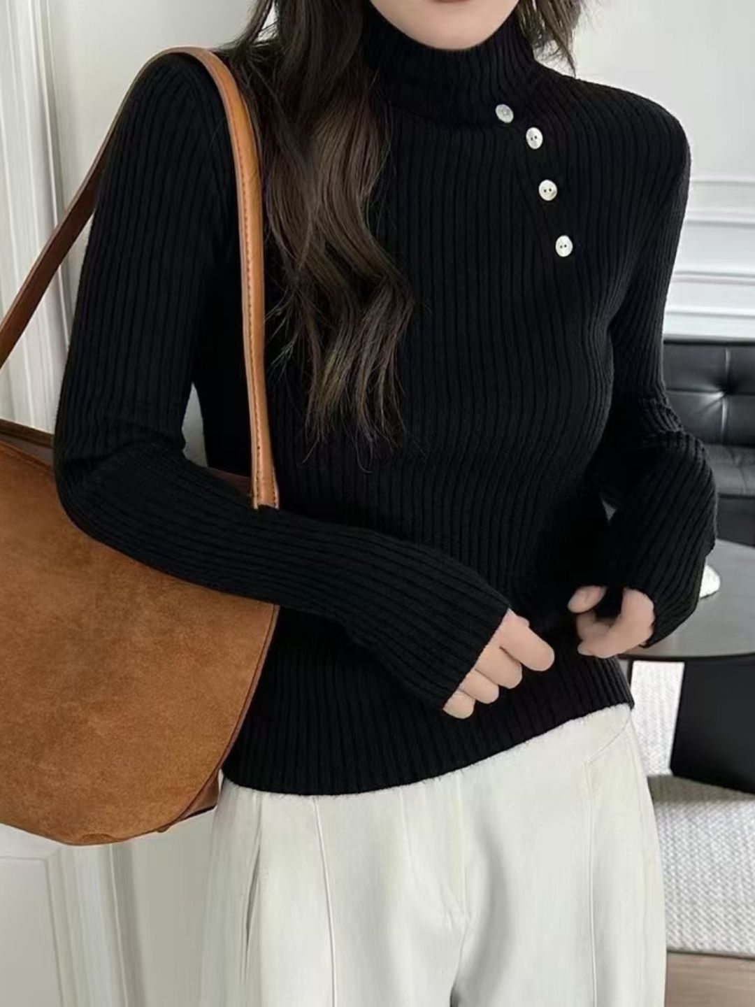 Slim Fit Button Turtleneck Sweater