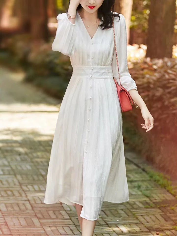 Elegant French V-neck Chiffon Dress