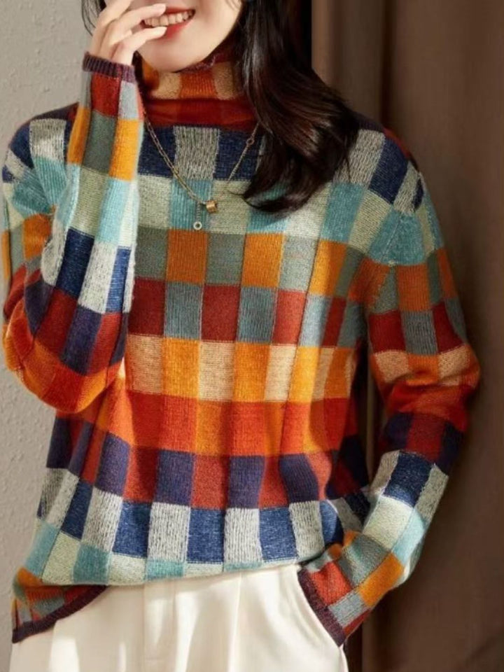 Loose Turtleneck Plaid Knitted Sweater