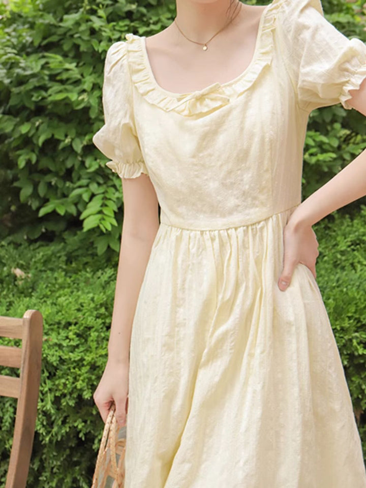 Square Neck Palace Style Puff Sleeve Dress -Yellow