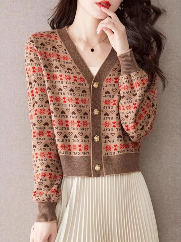 V-neck Contrast Color Knitted Cardigan