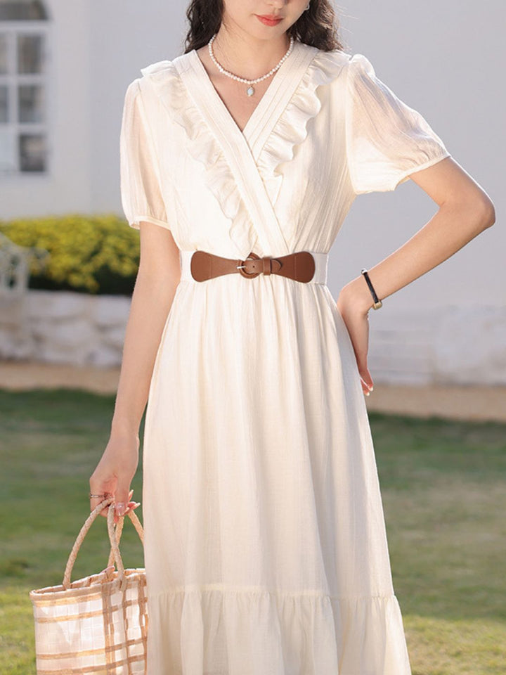 Puff Sleeve Waist Ruffled Solid Color Dress