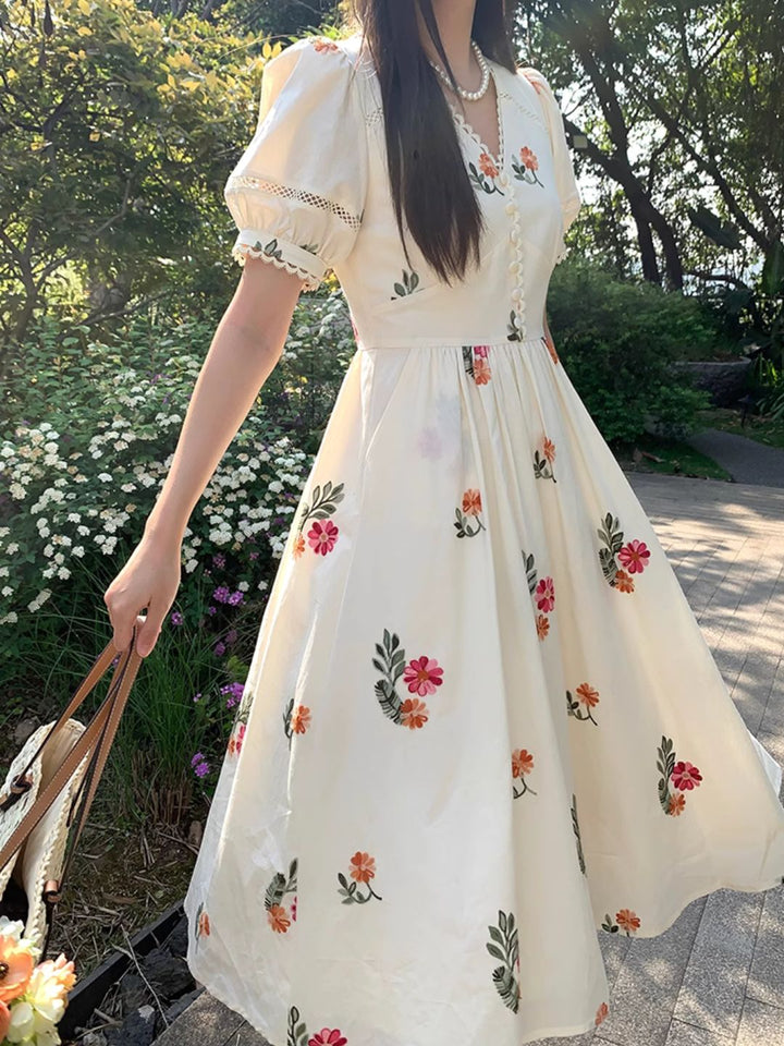 V-neck Floral Embroidered  Dress