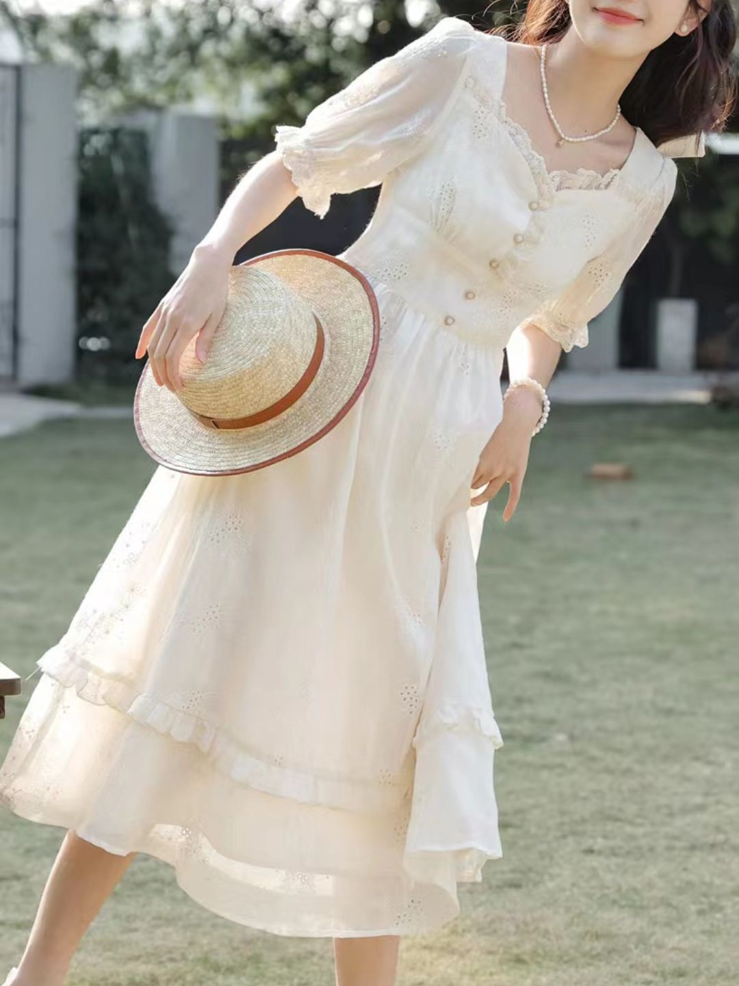 French Square Neck Short Sleeve White Dress