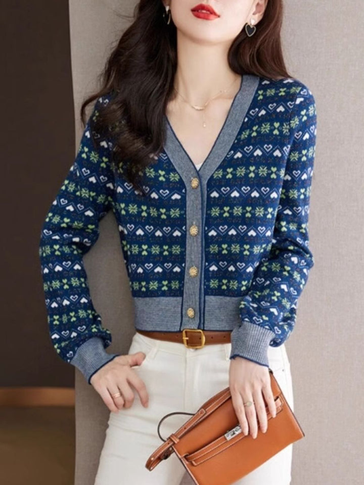 V-neck Contrast Color Knitted Cardigan