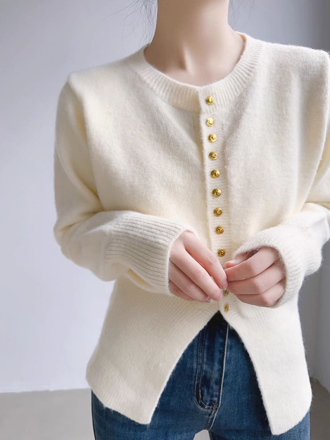 Crew Neck Solid Color Button Knitted Top