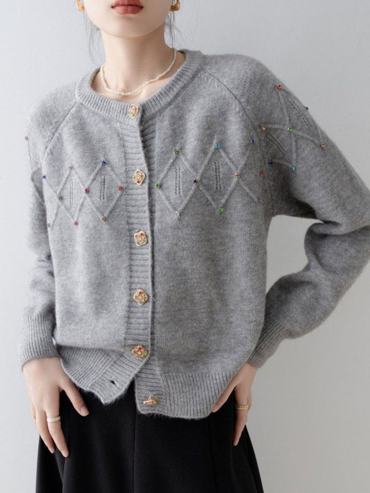 Crew Neck Beaded Knit Cardigan