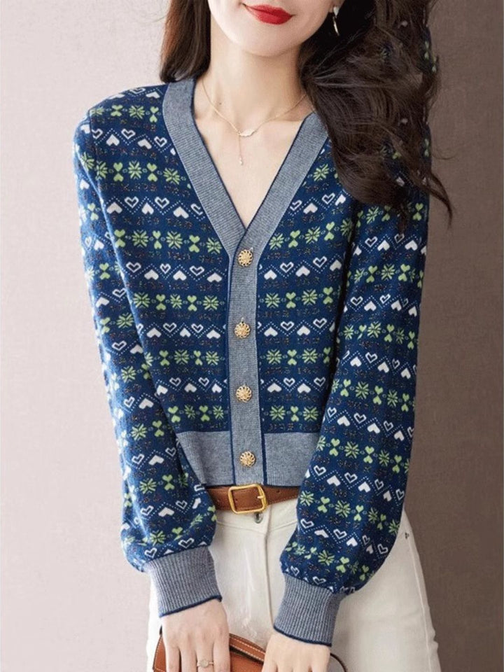 V-neck Contrast Color Knitted Cardigan