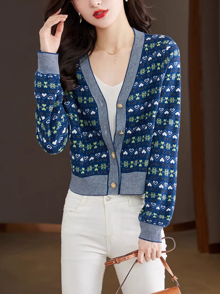 V-neck Contrast Color Knitted Cardigan