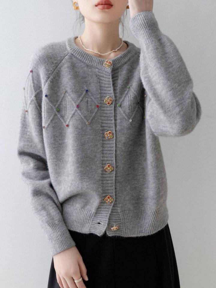 Crew Neck Beaded Knit Cardigan