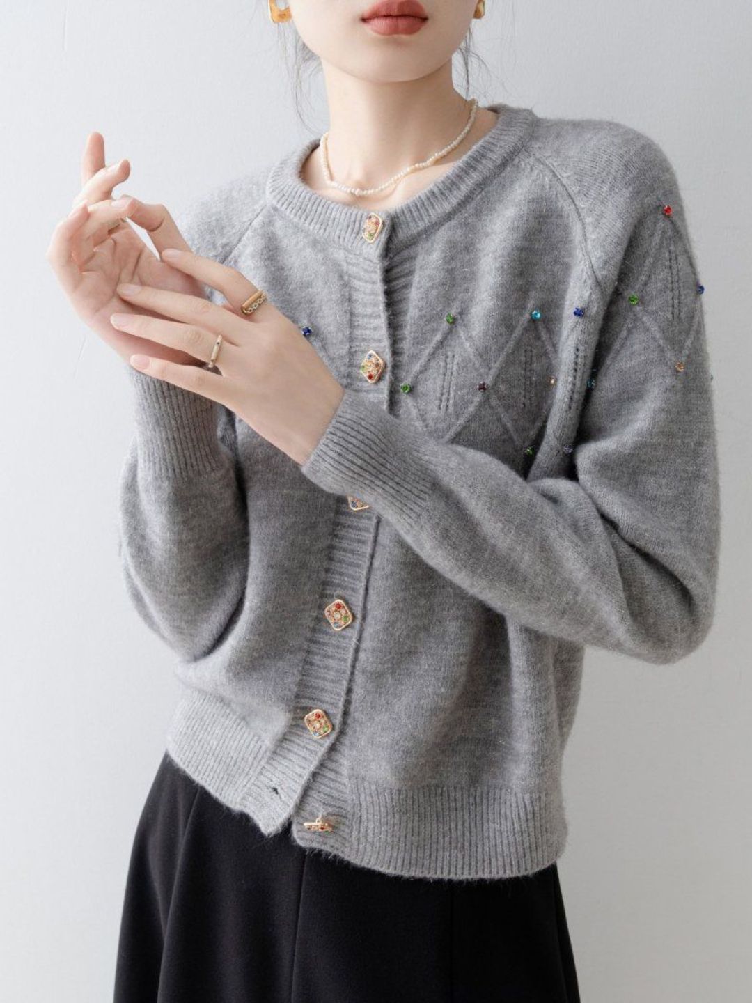 Crew Neck Beaded Knit Cardigan