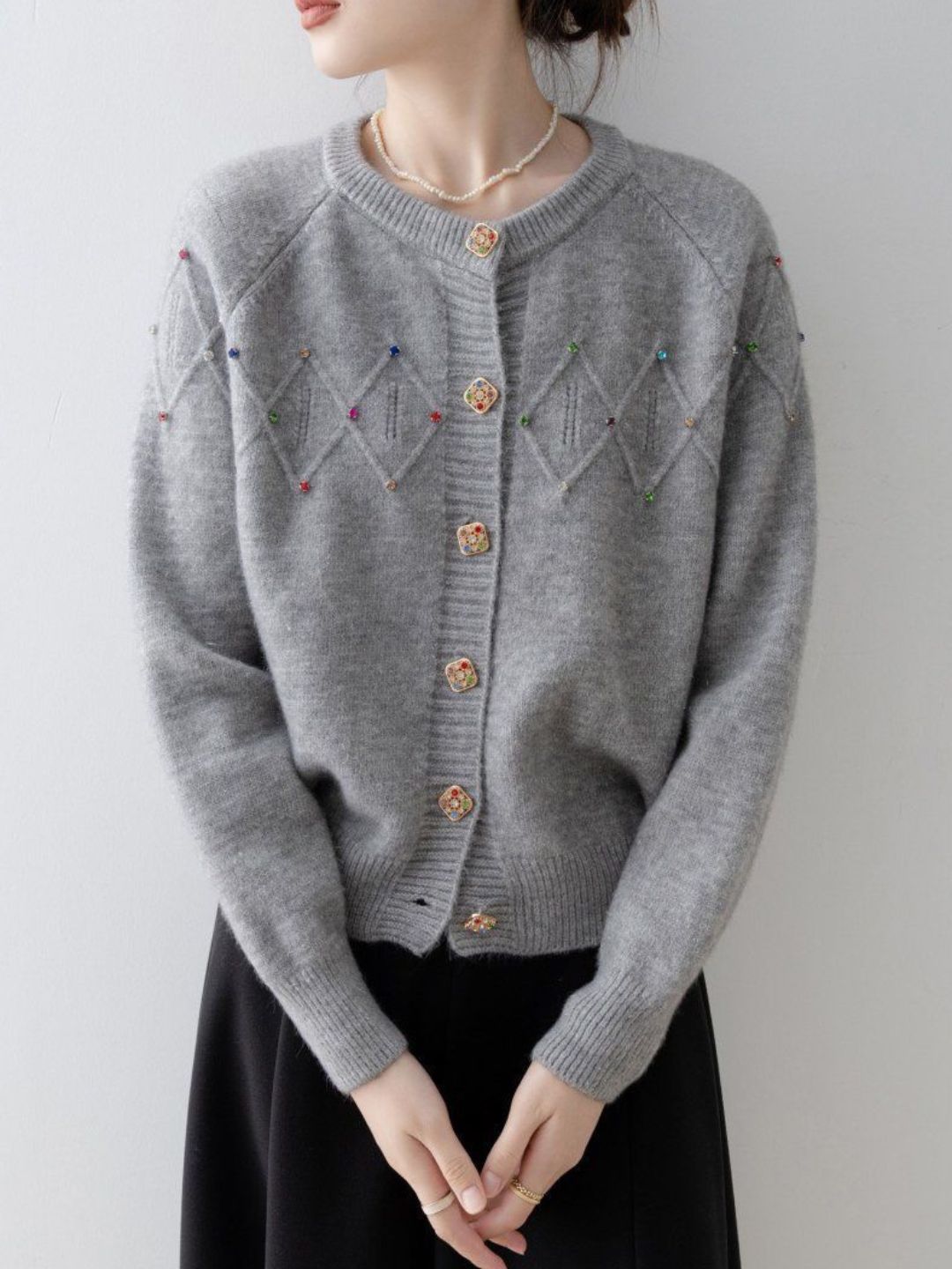 Crew Neck Beaded Knit Cardigan