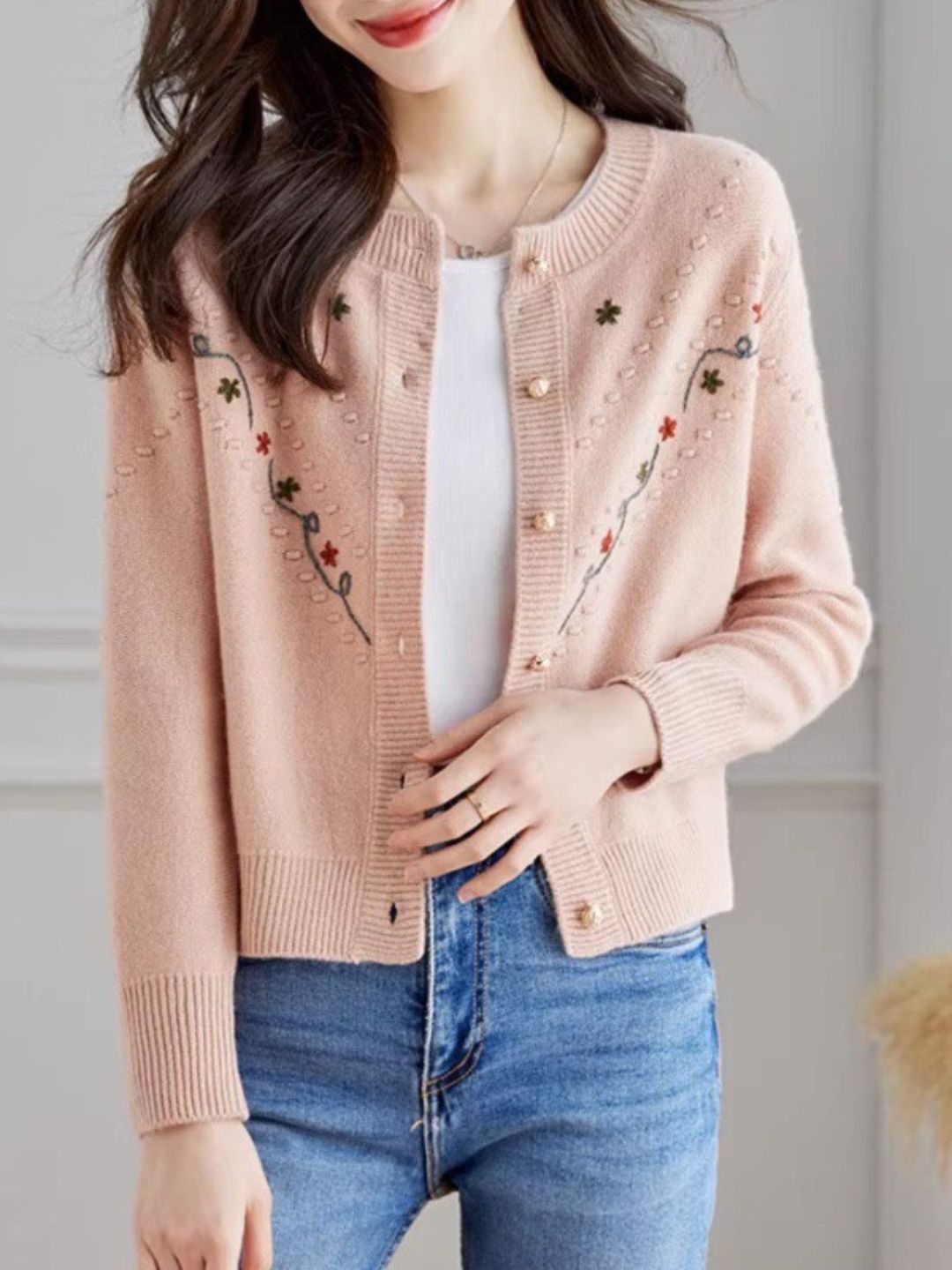 Crew Neck Embroidered Knitted Cardigan - Pink