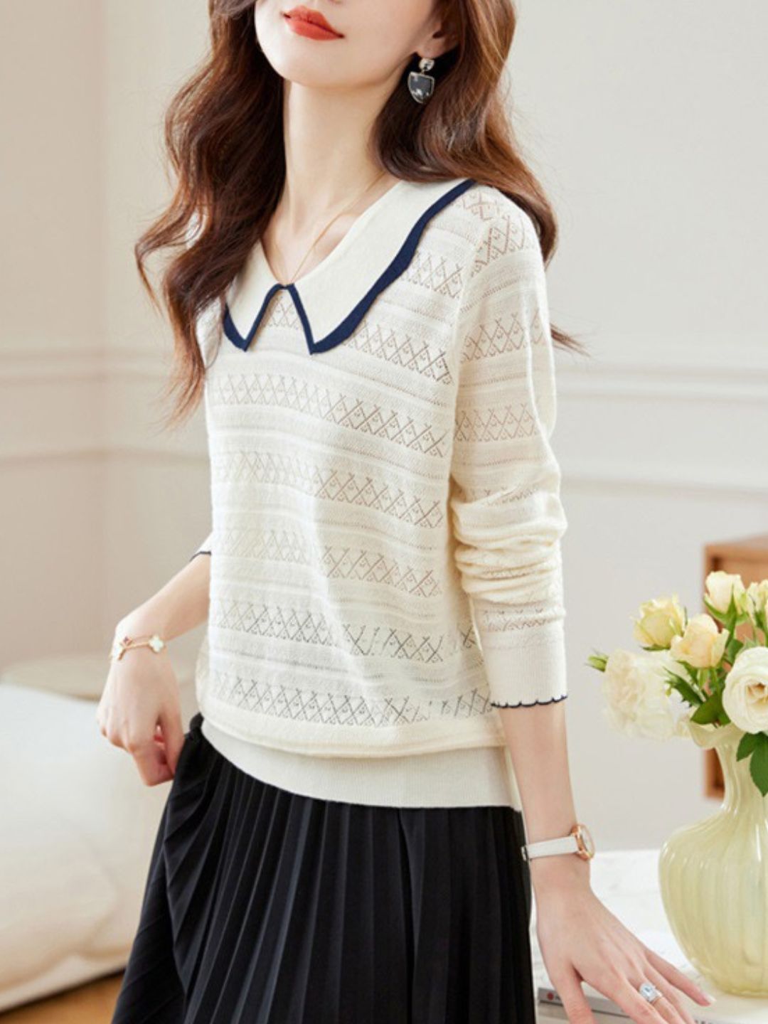 Grace Casual Doll Collar Hollowed Knitted Top