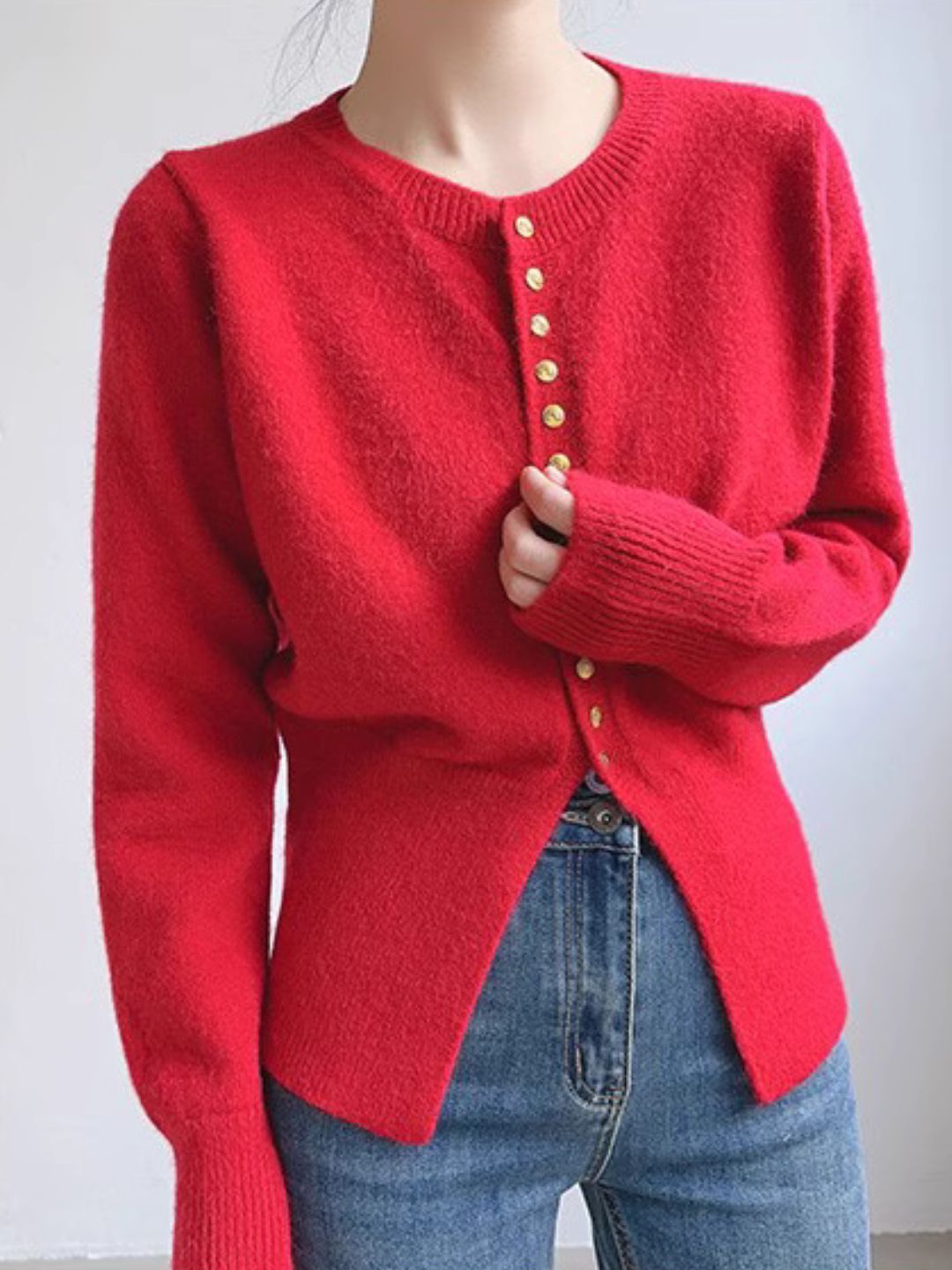 Crew Neck Solid Color Button Knitted Top