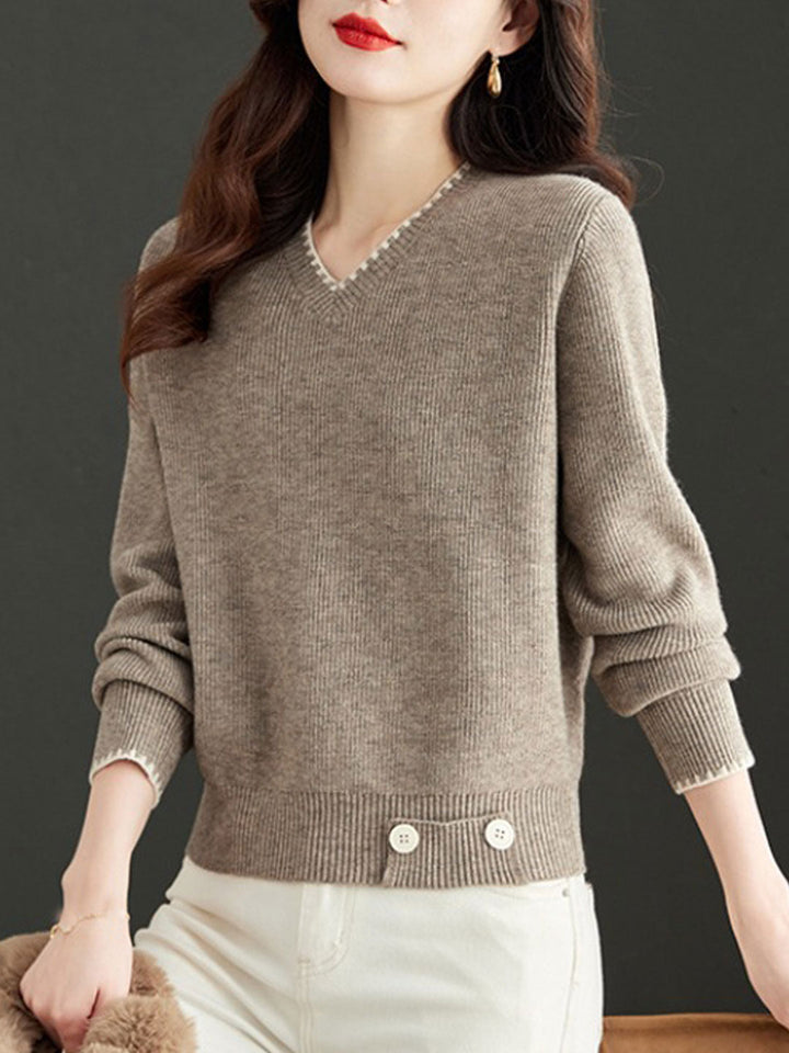 V-Neck Solid Color Knitted Sweater