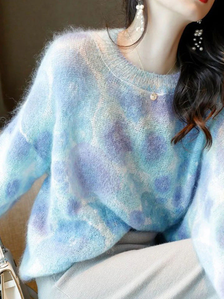 Loose Crew Neck Contrasted Knitted Sweater - Blue