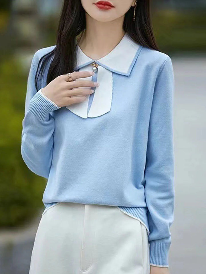 Doll Collar Bow Colorblock Knitted Top - Blue