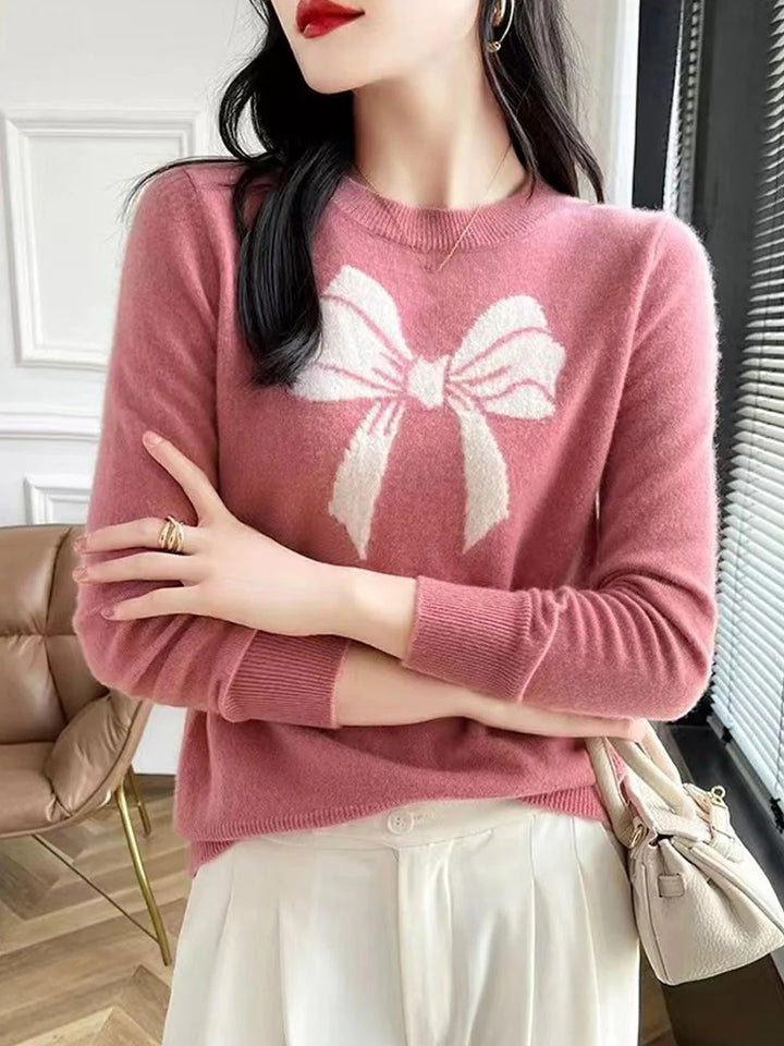 Loose Crew Neck Bow Jacquard Knitted Top