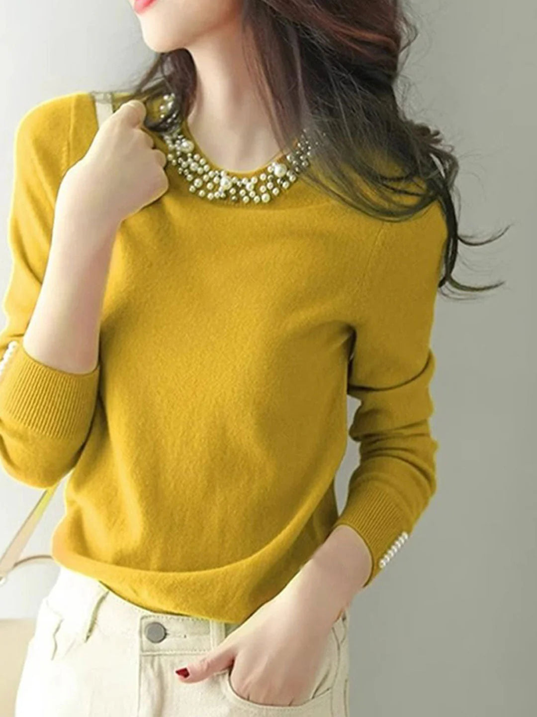 Elegant Beaded Pullover Knitted Top - Apricot