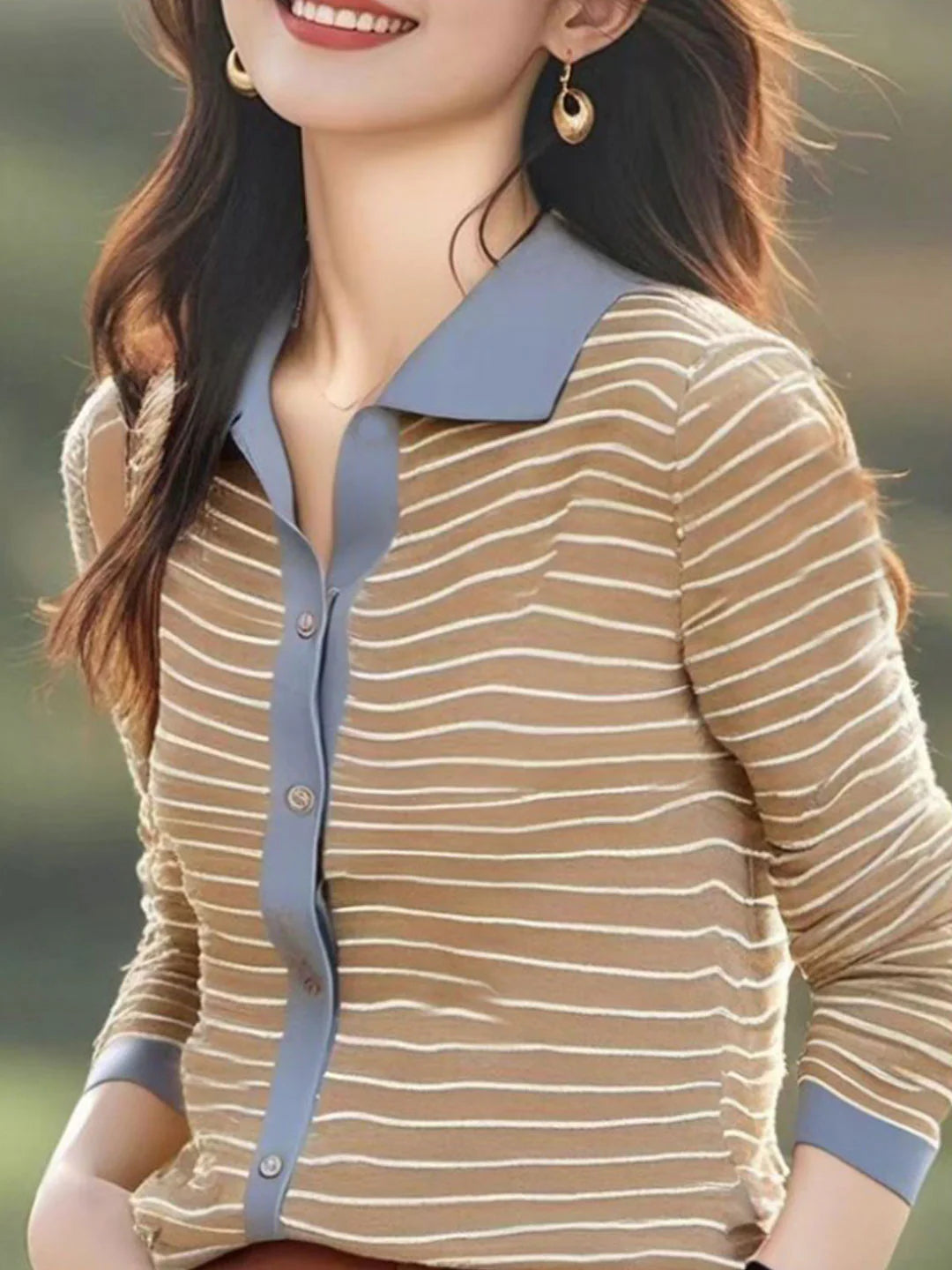 Brown Striped Lapel Knit Cardigan