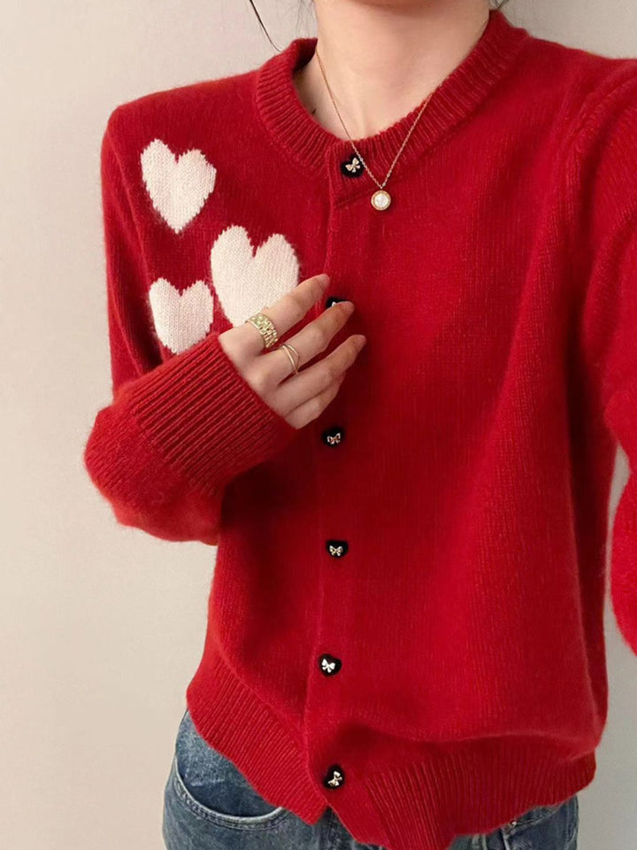 Vintage Crew Neck Heart Print Knitted Cardigan