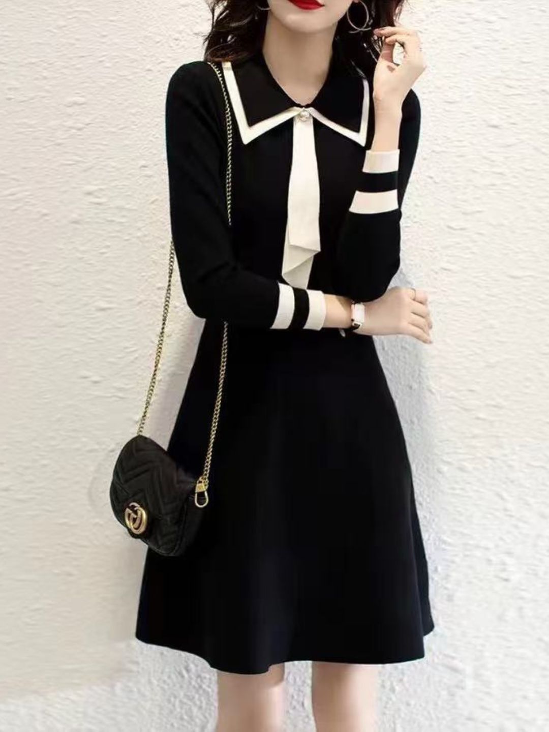 Classic Lapel Solid Knit Dress