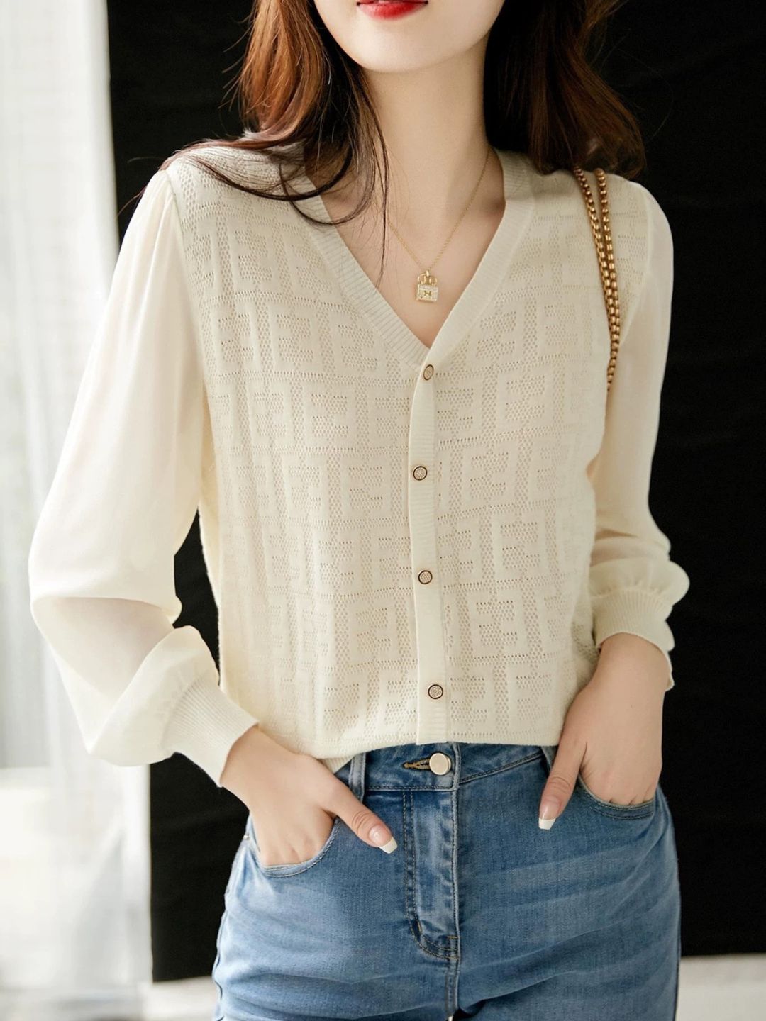 Hollow V-neck Knitted Cardigan