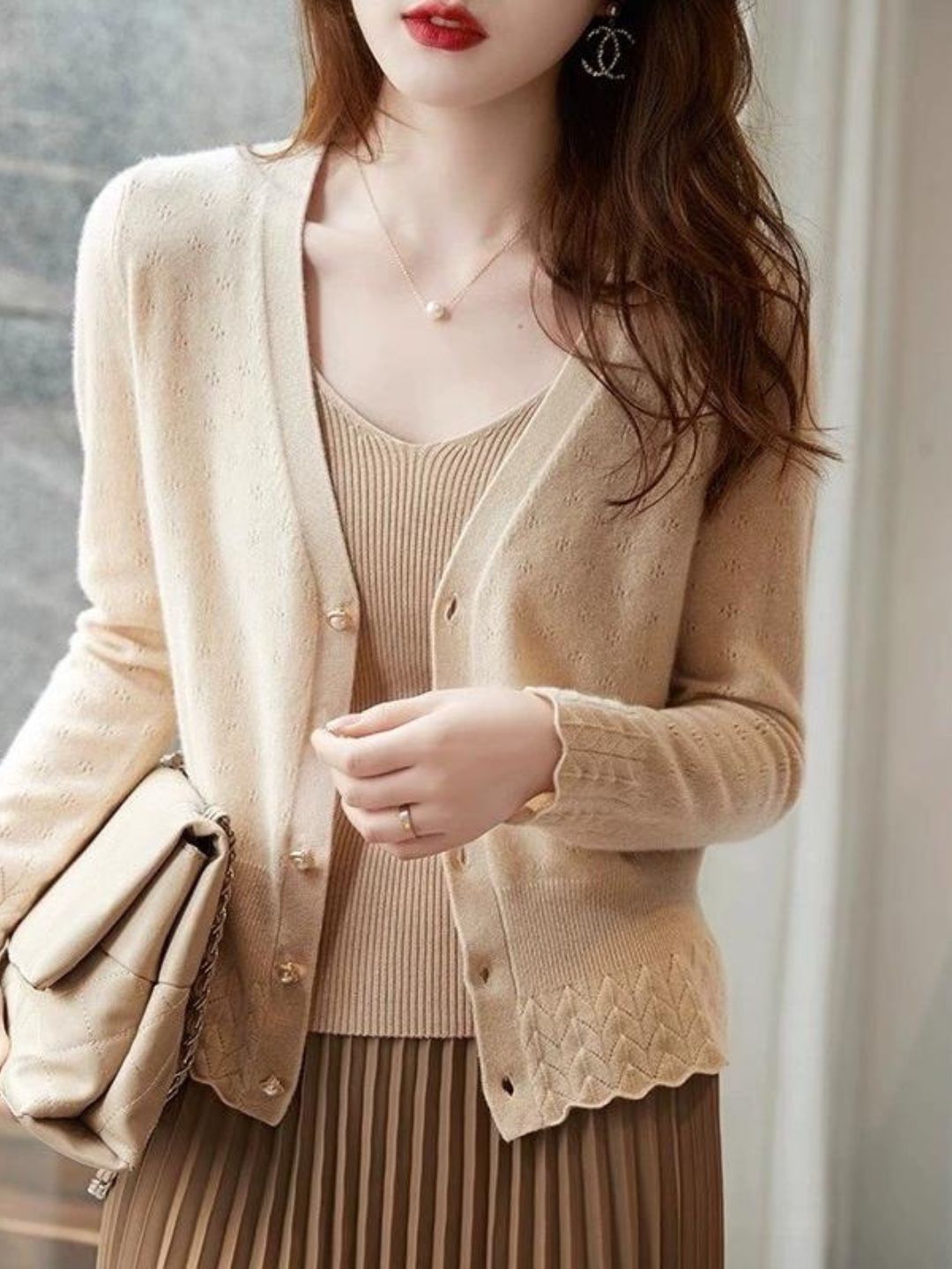 V-neck Lace Knitted Cardigan