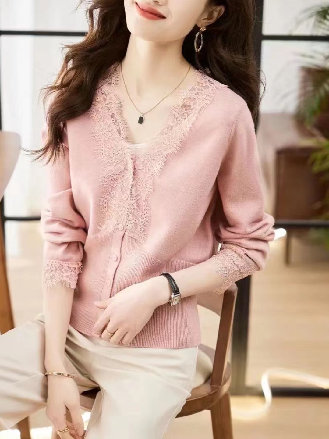 Lace Panel Knitted Cardigan - Apricot