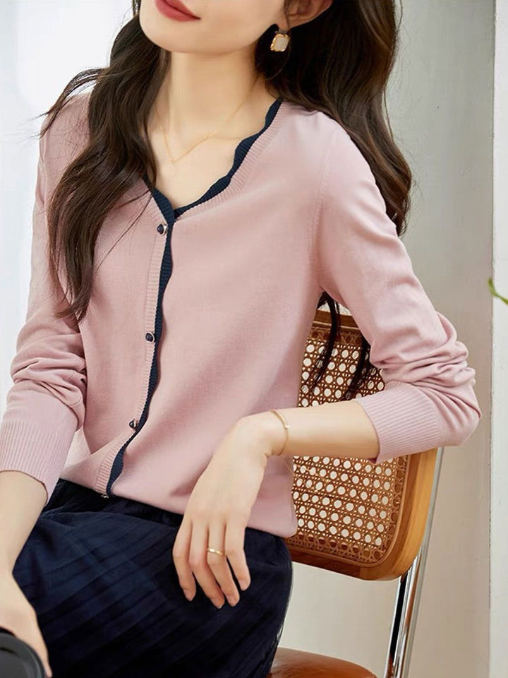 Casual V-neck Contrasted Knitted Cardigan