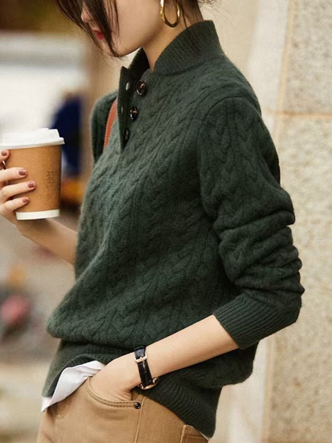 Solid Color Stand Collar Button Sweater