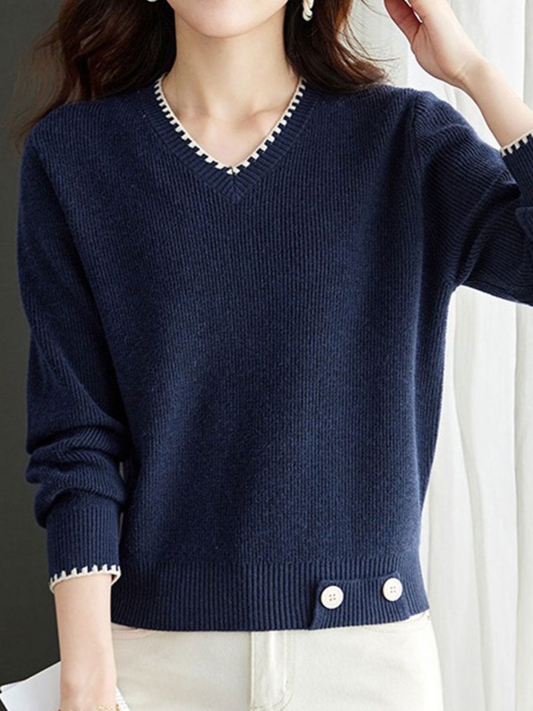 V-Neck Solid Color Knitted Sweater