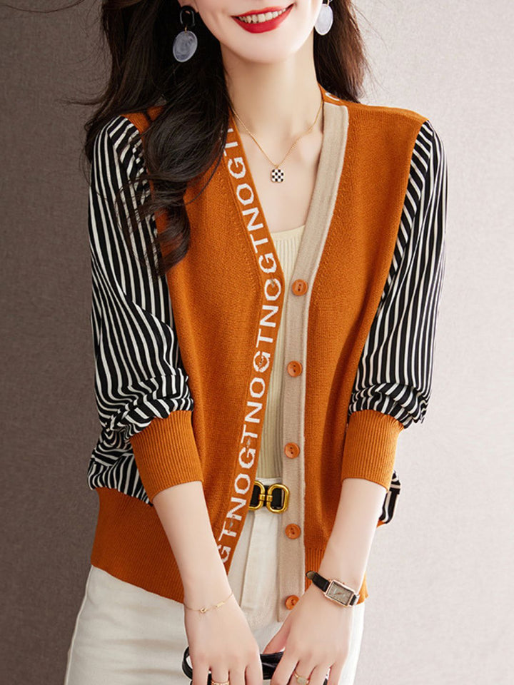 Casual V-Neck Striped Knitted Cardigan