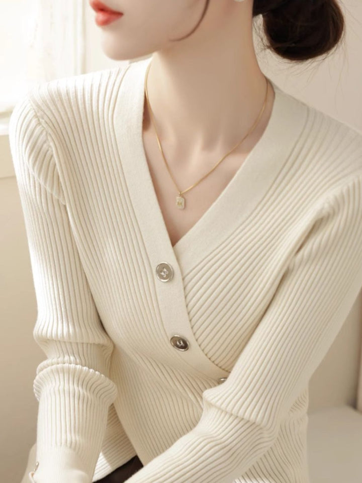 V-neck Cross Button Slit Sweater