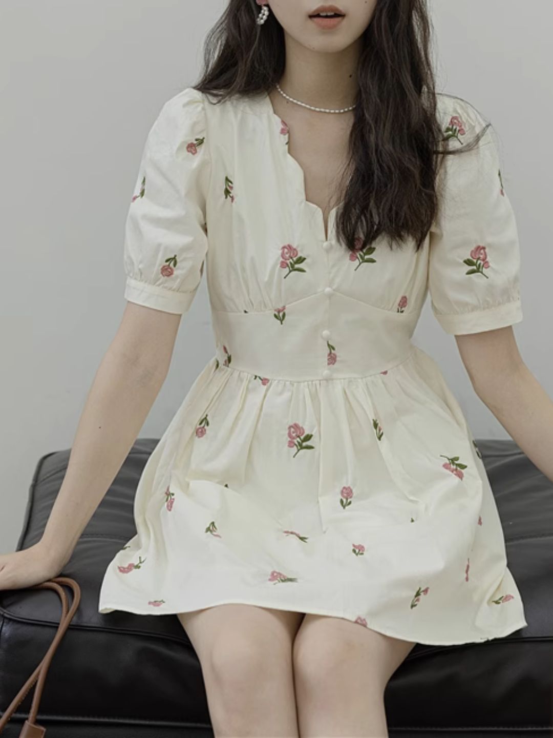 V-neck Flower Embroidered Puff Sleeve Dress