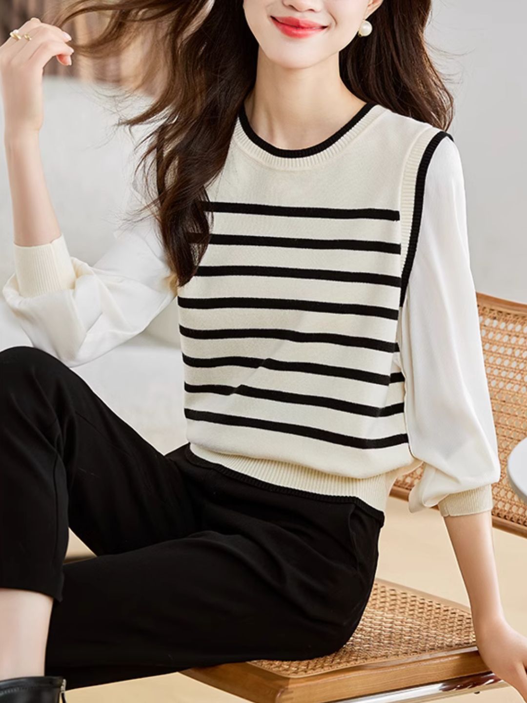 Long Sleeve Fake Two-Piece Striped Knit Top