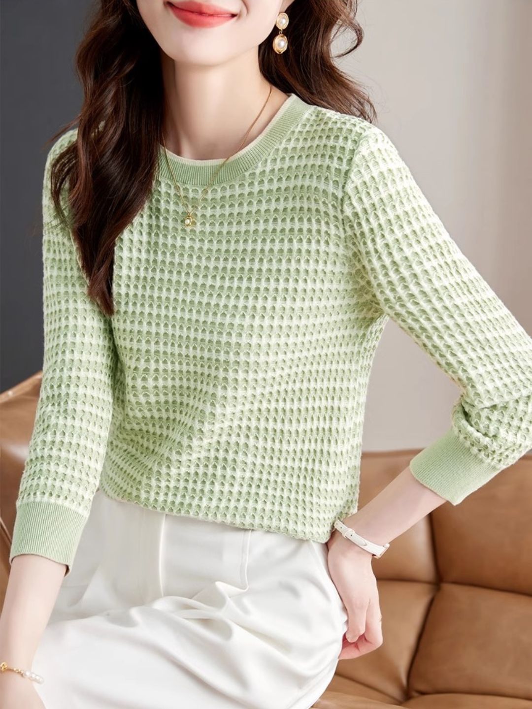 Long Sleeve Check Knit Top