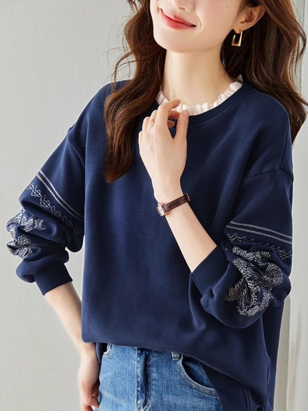 Lace Panel Embroidered Crew Neck Top