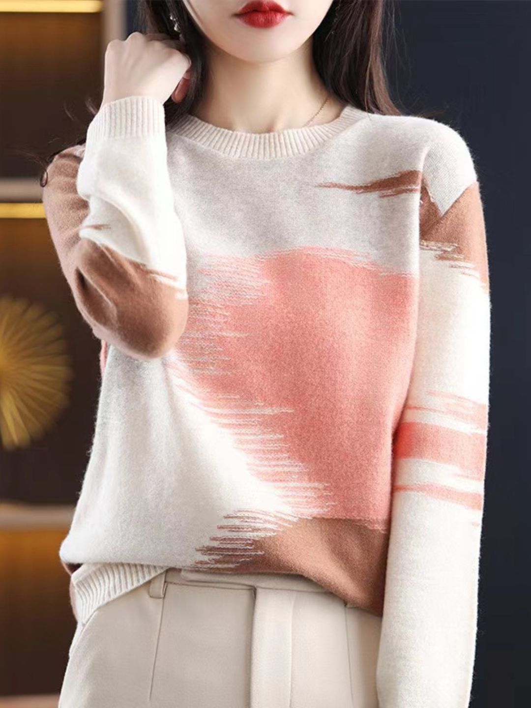 Loose Crew Neck Contrast Knitted Sweater