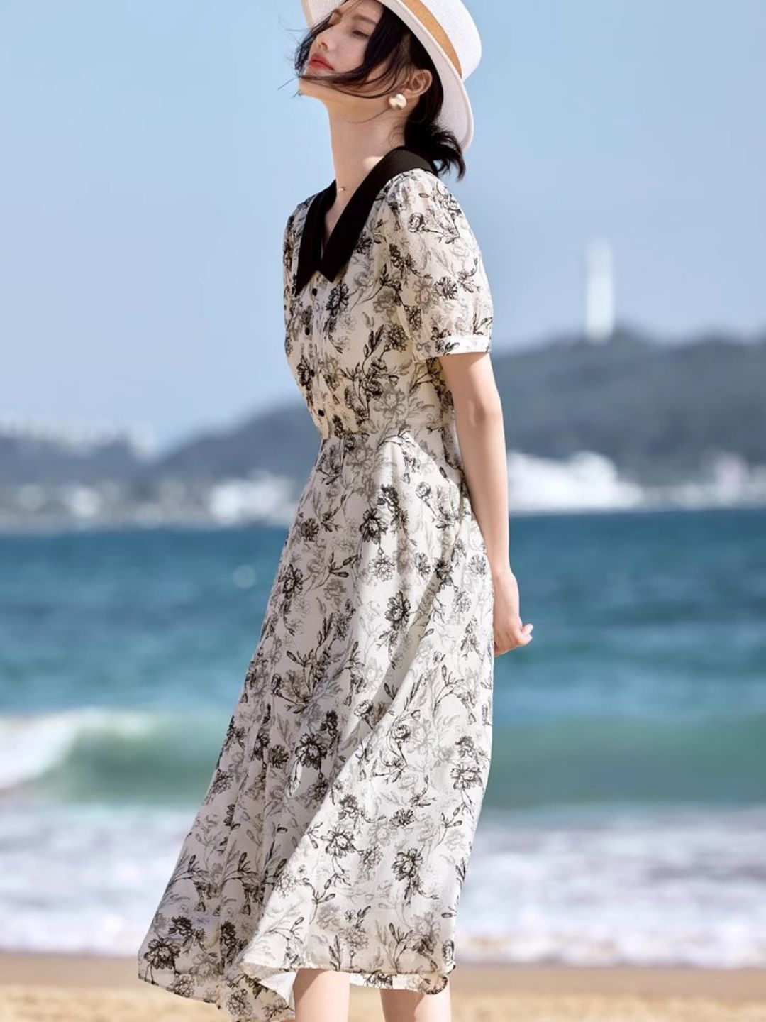 Lapel Floral Printed Chiffon Dress