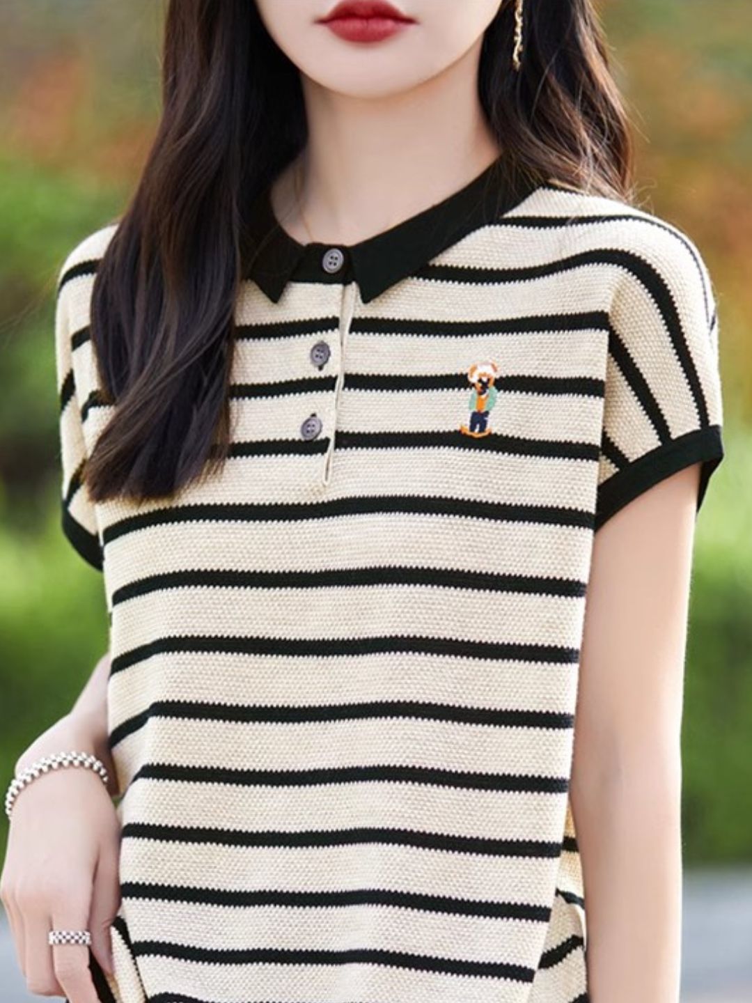 Contrast Stripe Polo Neck T-Shirt - Black