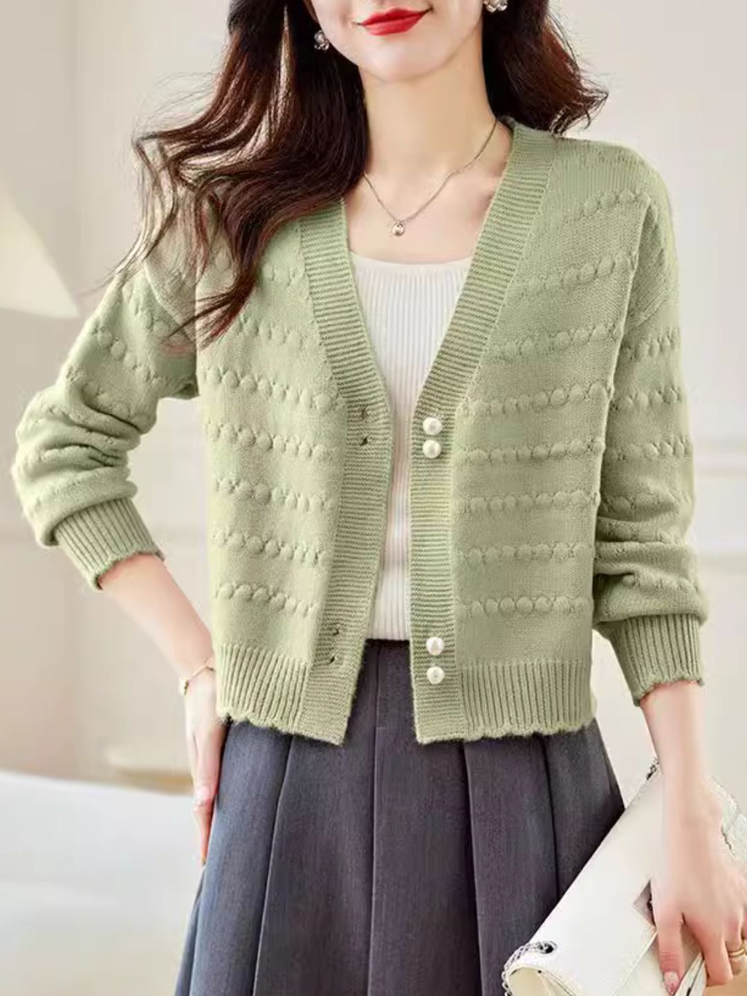 V-Neck Solid Color Auricular Knitted Cardigan - Green