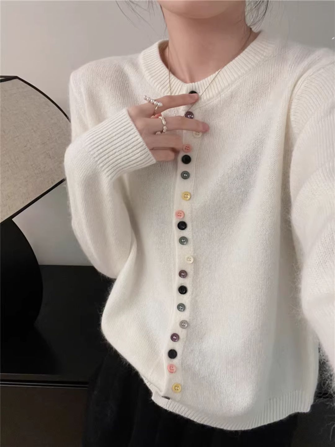 Classic Crew Neck Colorful Button Knit Cardigan