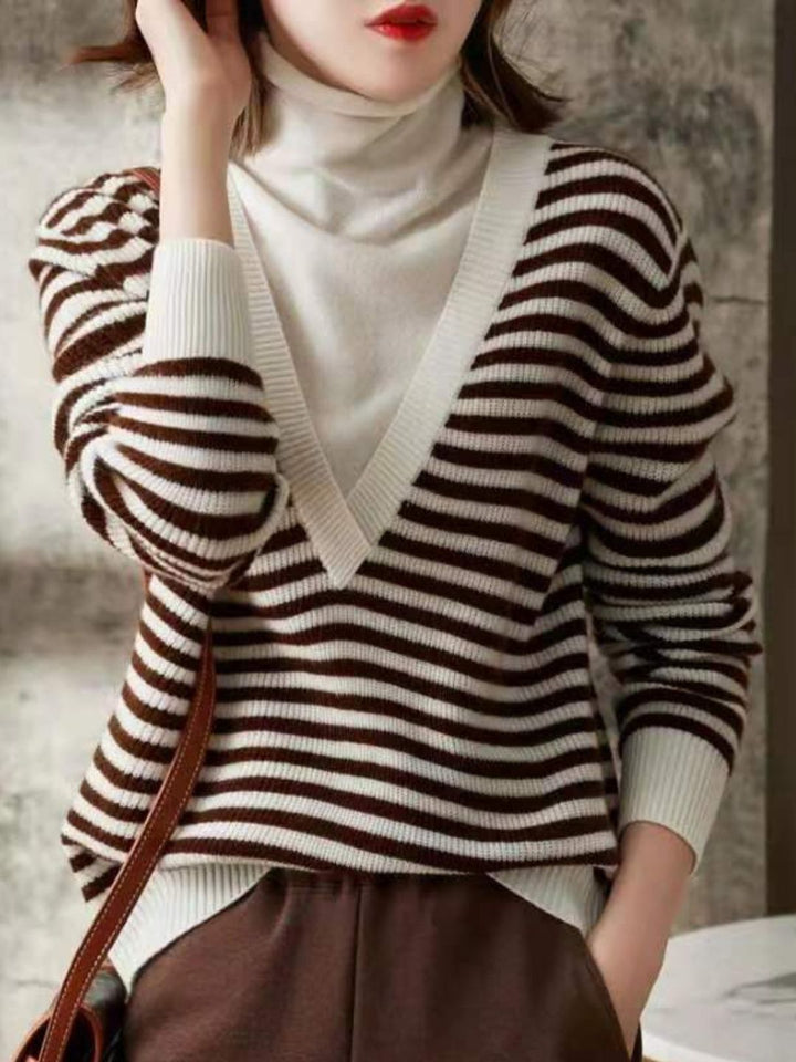 V-Neck Striped Pullover High-Neck Knit Top