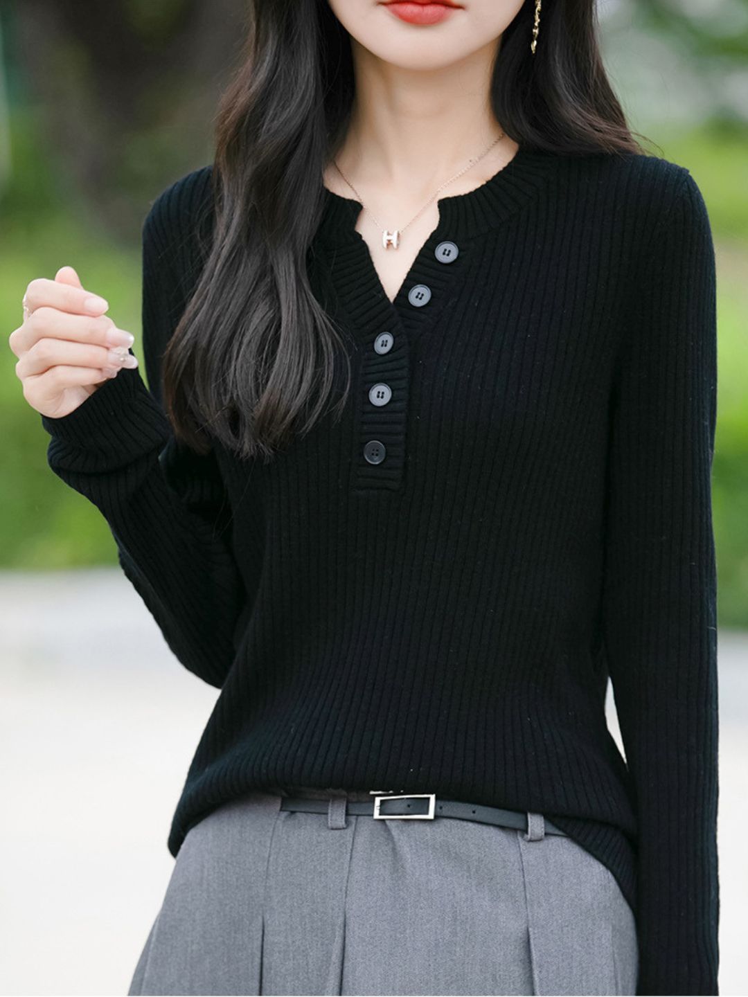 Slim Fit Half-Open V-Neck Sweater