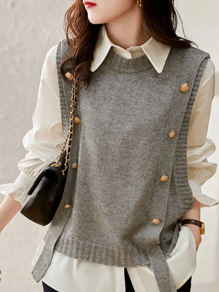 Loose Button Knitted Vest - Black