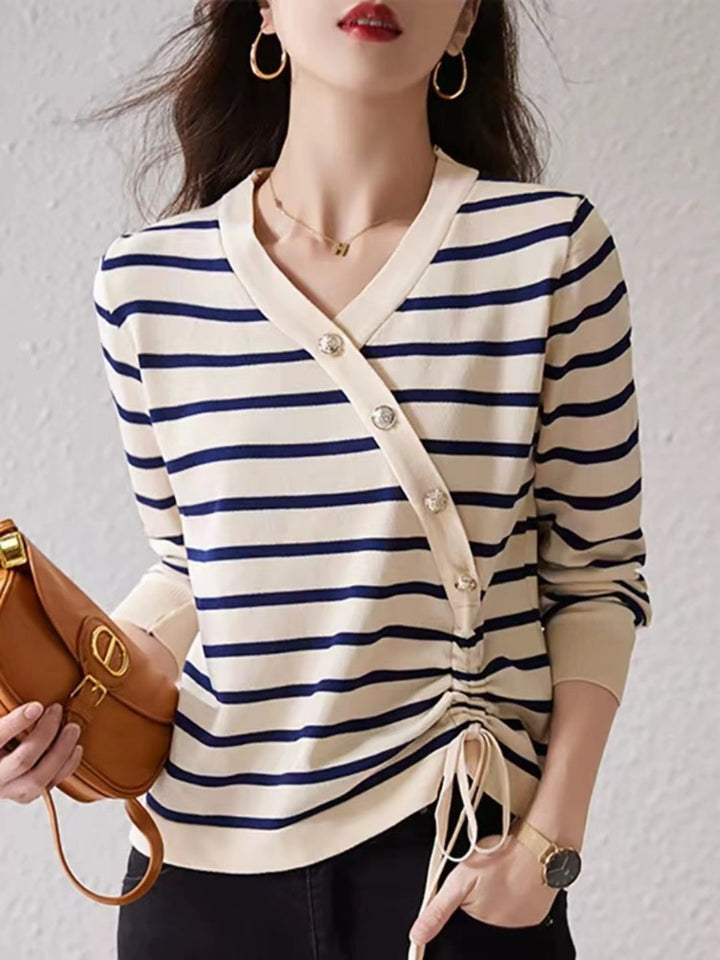 V-Neck Drawstring Striped Knitted Top