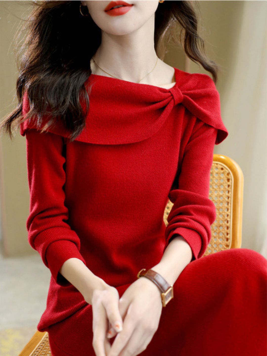 Bow Solid Color Knitted Dress