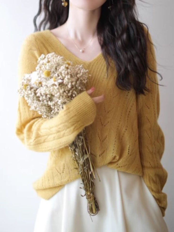 V-neck Hollow Knit Sweater